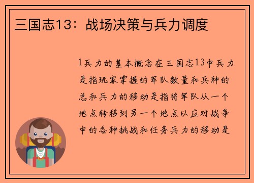 三国志13：战场决策与兵力调度